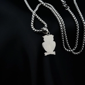 Silver owl heart silhouette pendant with brushed finish on box chain necklace
