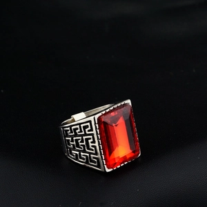 Vintage Men's Stainless Steel Ring With Square Red Green Rhinestone Gemstone Great Wall Greek Key Pattern Hip Hop Jewelry