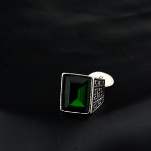 Men's vintage titanium steel ring with green square gemstone and Greek key pattern