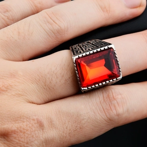 Men's titanium steel square red gemstone ring with Greek fret pattern on the silver band