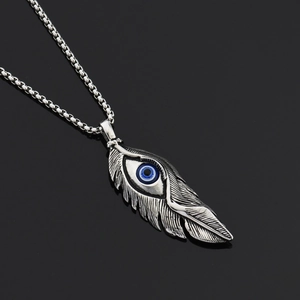 Hip hop vintage feather necklace with blue evil eye pendant in antique silver finish