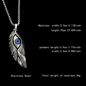 Hip hop stainless steel feather pendant necklace with blue evil eye detail for men and women