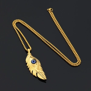 Hip hop titanium steel necklace featuring a gold feather pendant with evil eye protection