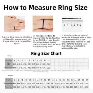 Detailed ring size chart for US and HK sizes with measurement guide and diameter in mm