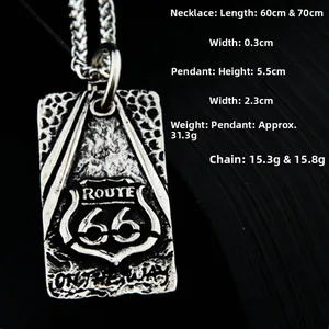 Macro shot of vintage Route 66 square pendant necklace with rugged texture and steel chain