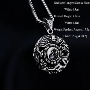 Hip hop titanium steel Yin Yang Tai Chi dragon pendant necklace on black background