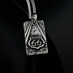 Hip hop style silver Route 66 square pendant necklace with vintage steel finish