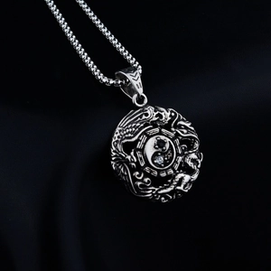 Vintage Titanium Steel Yin Yang Eight Trigrams Pendant Necklace Rhinestone Double Dragon Hip Hop Unisex Jewelry Gift