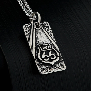 Vintage stainless steel Route 66 square pendant necklace with a retro hip-hop aesthetic