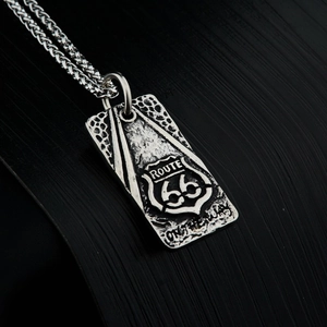 Hip hop Route 66 rectangular pendant necklace in retro titanium steel for men and women