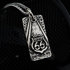 Vintage Route 66 Shield Pendant Only Without Chain Titanium Steel Distressed Rectangle Pendant Necklace Hip Hop Jewelry