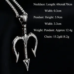 Collier avec pendentif trident en acier titane et finition texturée vintage