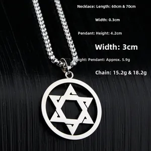 Détail des dimensions du pendentif hexagramme et de la chaîne en acier inoxydable du bijou