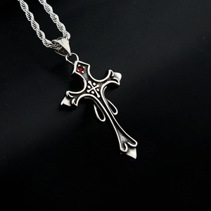 Collier Pendentif Croix en Acier Inoxydable Gothique Avec Strass Rouge Incrusté Bijoux Vintage Hip Hop Homme Femme