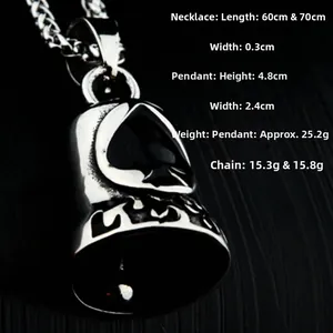 Detail showing dimensions and weight of Ace of Spades bell pendant with stainless steel chain