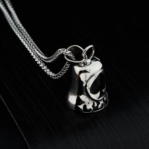 Vintage stainless steel motorcycle bell necklace with spade pattern on woven chain
