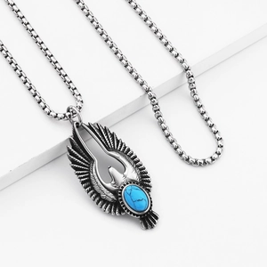 Hip hop titanium eagle pendant necklace with turquoise stone on white geometric stands