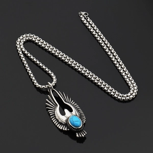 Vintage silver flying eagle necklace with blue stone and long chain for men and women