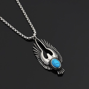 Vintage Flying Eagle Pendant Necklace With Turquoise Titanium Steel Hip Hop Punk Feather Wing Pendant Jewelry For Men Women