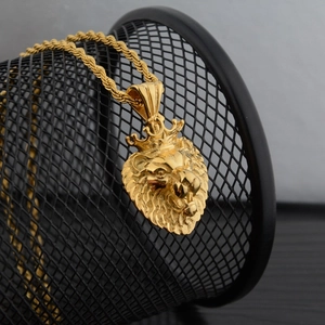 Collana con Ciondolo Testa di Leone con Corona Hip Hop Uomo Donna Acciaio al Titanio Lega Strass Catena Corda Oro Gioielli