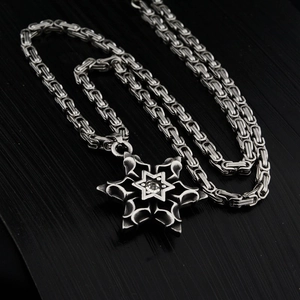 Pendentif étoile hexagramme hip hop avec chaîne byzantine en acier argenté vieilli