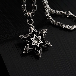 Collier pendentif étoile hexagramme hip hop en argent vintage avec strass central