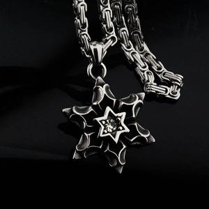 Collier hip hop hexagramme vintage avec zircon étincelant et chaîne byzantine carrée