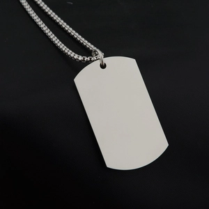 Polished silver stainless steel dog tag pendant necklace with round bead chain link