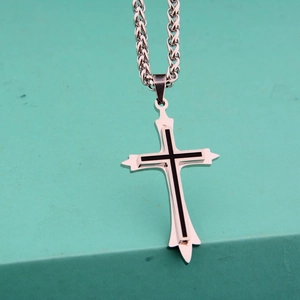 Collana vintage hip hop con pendente a doppia croce in acciaio inossidabile e catena wheat