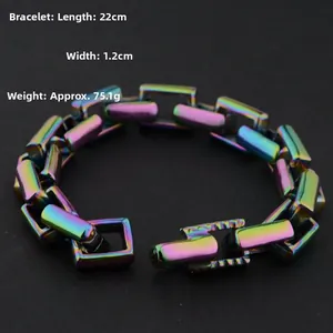 Detailed view of rainbow square Cuban link bracelet with dimensions 22cm x 1.2cm