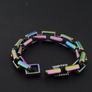 Hip Hop Square Cuban Link Bracelet Titanium Steel Rainbow Gradient Vintage Striped Heavy Metal Punk Style Jewelry For Men