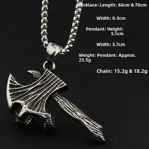 Detail showing dimensions of retro axe pendant with chain length and weight specs