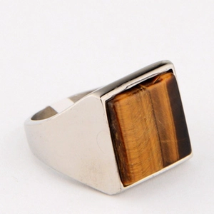 Chevalière Homme en Acier Inoxydable avec Pierre d'Oeil de Tigre Carrée Style Hip Hop Punk Anneau Poli Argent Bijoux Quotidien