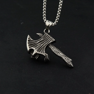 Hip hop style skull axe pendant necklace with retro stainless steel beaded chain