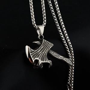 Vintage gothic axe pendant necklace with realistic wood grain texture on box chain