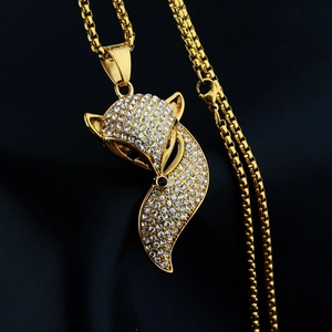 Collier pendentif renard doré style hip hop avec strass brillants et chaîne boîte