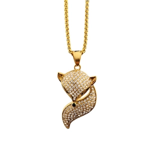 Collier hip hop avec pendentif renard doré et zircons cubiques scintillants pour unisexe