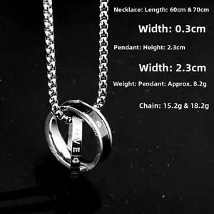 Detail showing dimensions of silver stainless steel double ring necklace with LOVE engraving