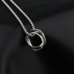 Hip Hop Stainless Steel Double Interlocking Ring Pendant Necklace For Unisex Engraved Love Rhinestone Box Chain Jewelry