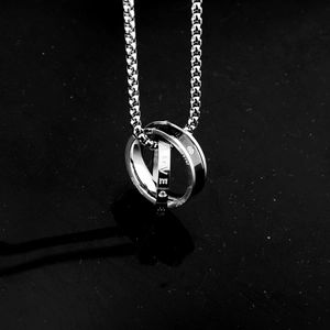 Hip hop interlocking double ring necklace with LOVE engraving and crystal detail