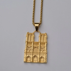 Hip hop style gold Notre Dame de Paris cathedral pendant necklace with box chain