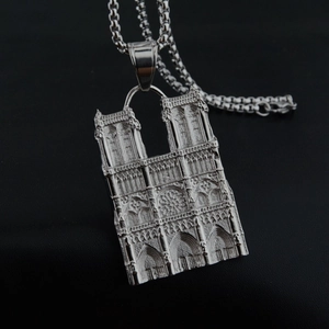Hip hop silver Notre Dame pendant necklace with detailed Gothic architecture relief