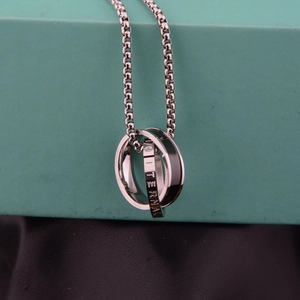 Hip hop style double interlocking ring pendant necklace with crystal and eternal engraving
