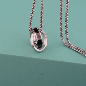 Hip-hop style stainless steel double ring necklace with eternal engraving on teal box