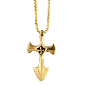 Detail eines goldenen Schwertkreuz-Anhängers mit schwarzem Schild und Perlenkette für Unisex