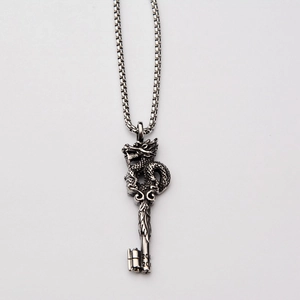 Collier pendentif clé dragon hip hop en argent antique pour hommes et femmes