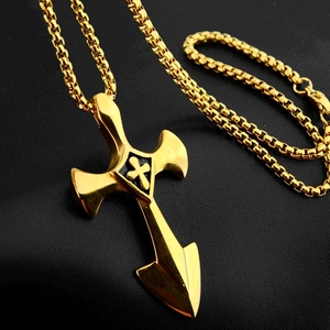 Poliertes Gold Edelstahl Schwert Kreuz Anhänger Halskette mit Box Kette für Damen und Herren