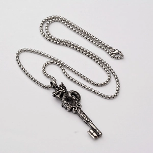 Collier hip hop avec pendentif clé dragon chinois argenté, finition vintage et chaîne
