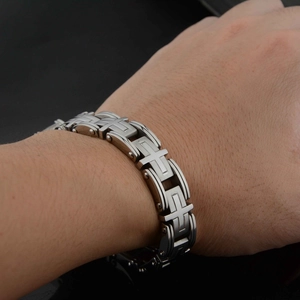 Men's titanium steel link bracelet with embossed cross design in hip-hop punk style