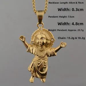 Detailed view of large gold angel pendant with box chain and precise size measurements